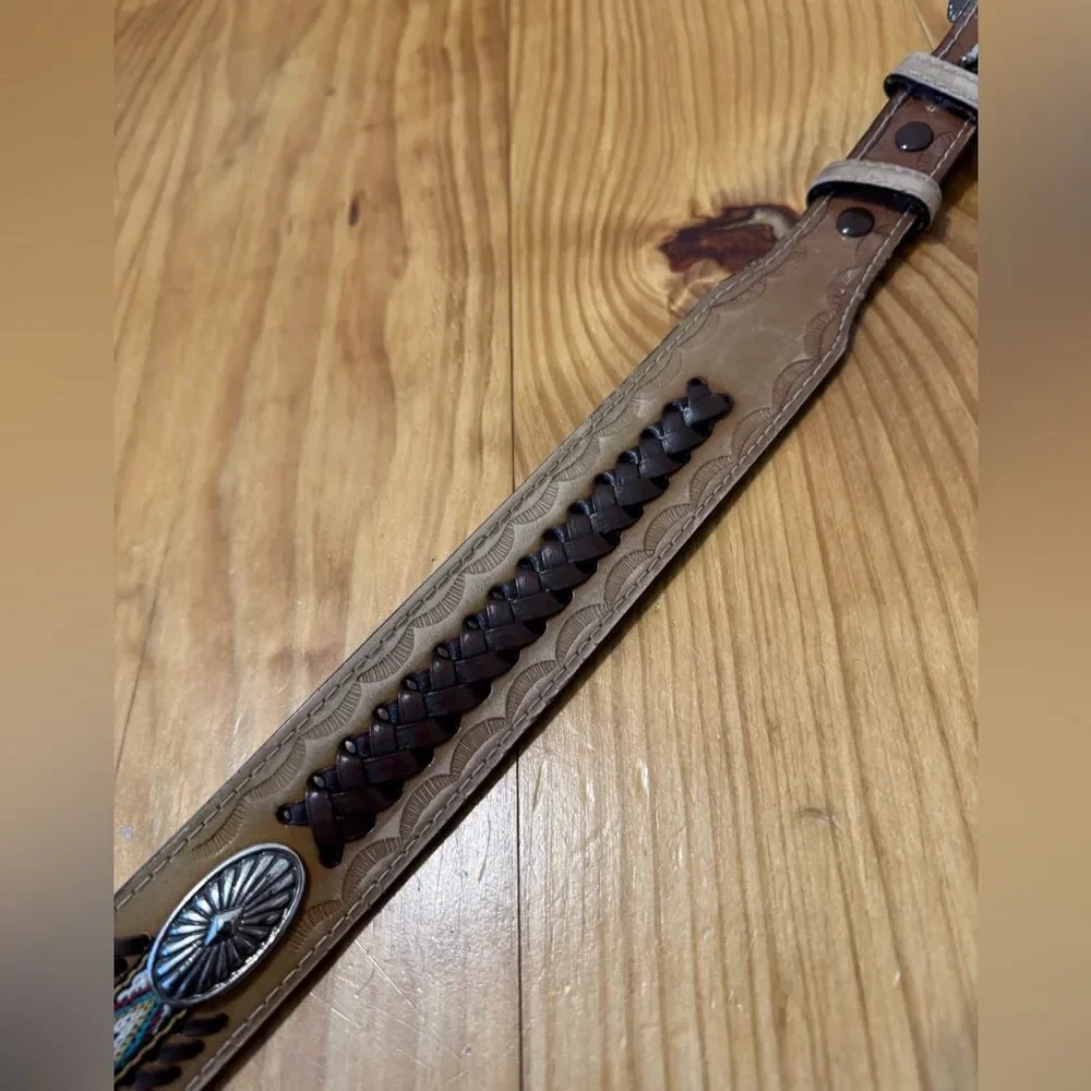 American Indian Belt With Conches Leather Embroidered 47” Total Length